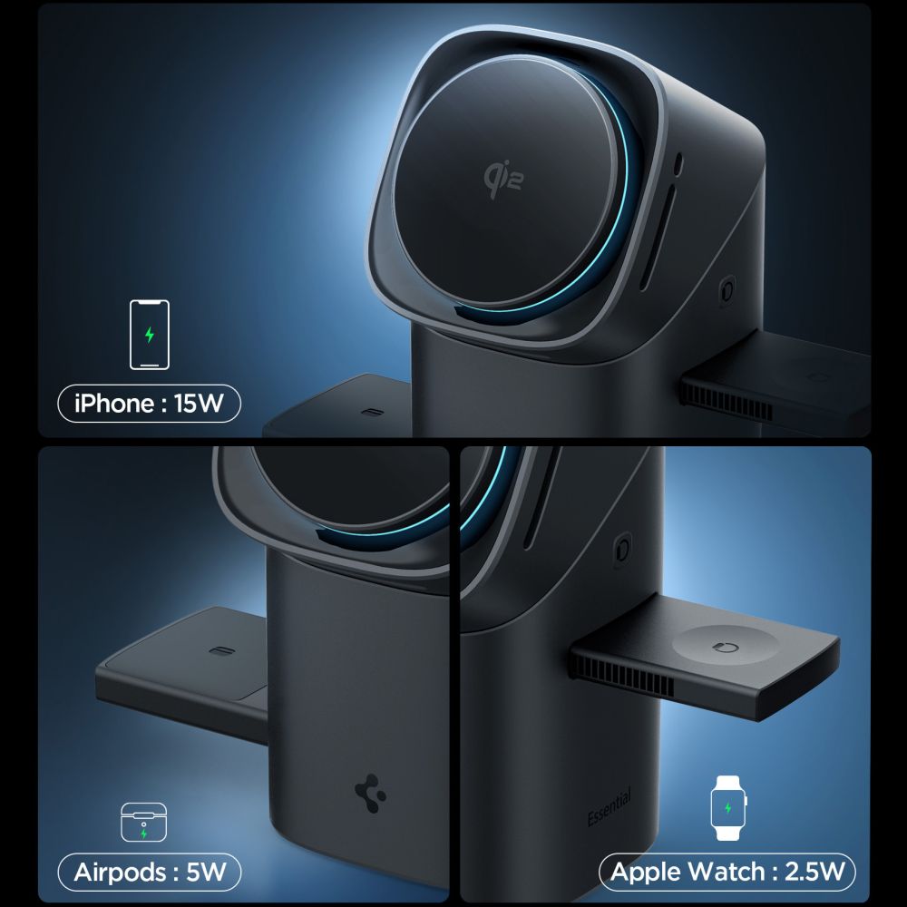 Spigen Essential EF223MS 3-i-1 QI2 trådløs oplader - sort