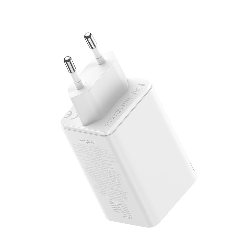 Baseus GaN6 Pro oplader 65W 2 x USB-C 2 x USB-A med sort USB-C kabel 100W 1m - hvid