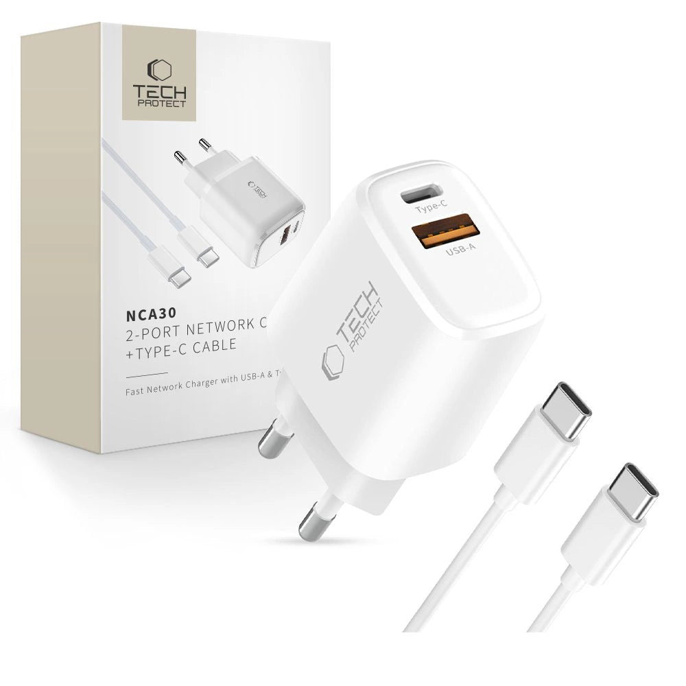 Tech-Protect NCA30 PD 30W QC3.0 USB-A / USB-C Wall Charger + USB-C / USB-C Cable 100 cm - hvid