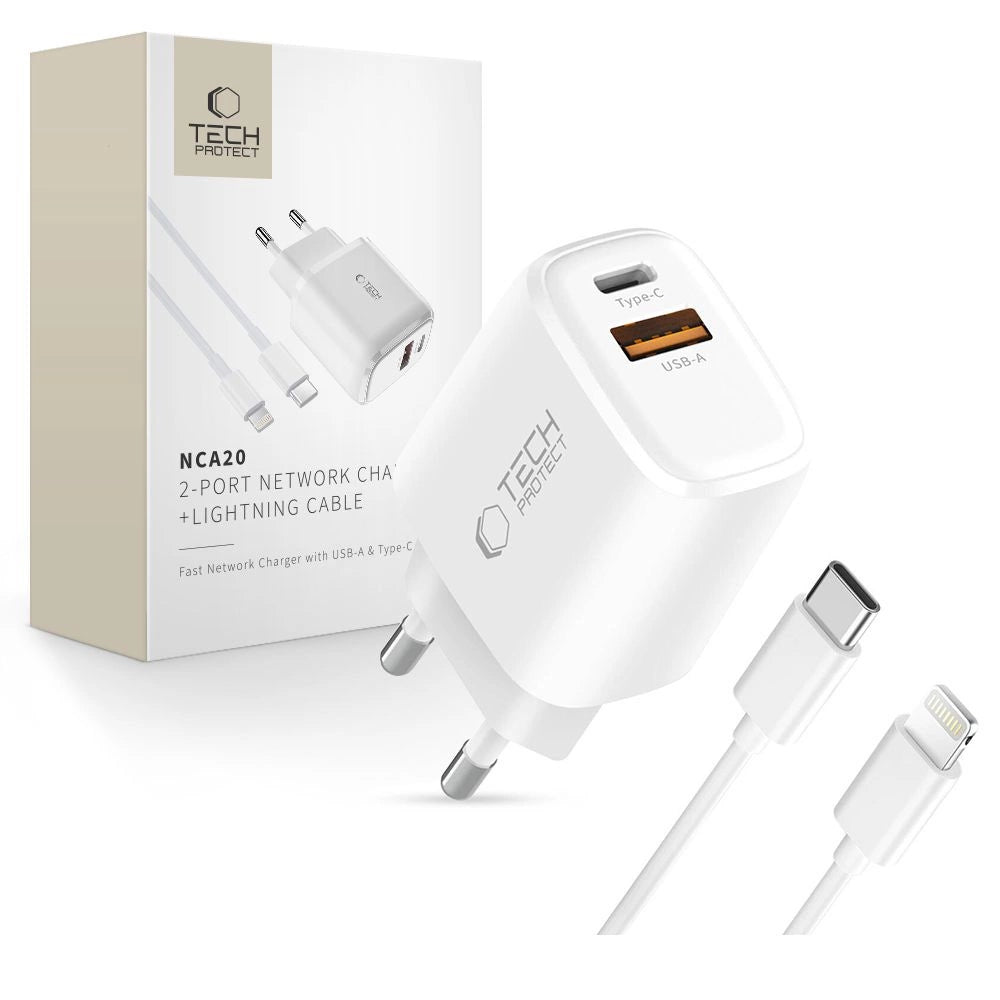 Tech-Protect NCA20 PD 20W QC3.0 USB-A / USB-C Wall Charger + USB-C / Lightning Cable 100 cm - hvid