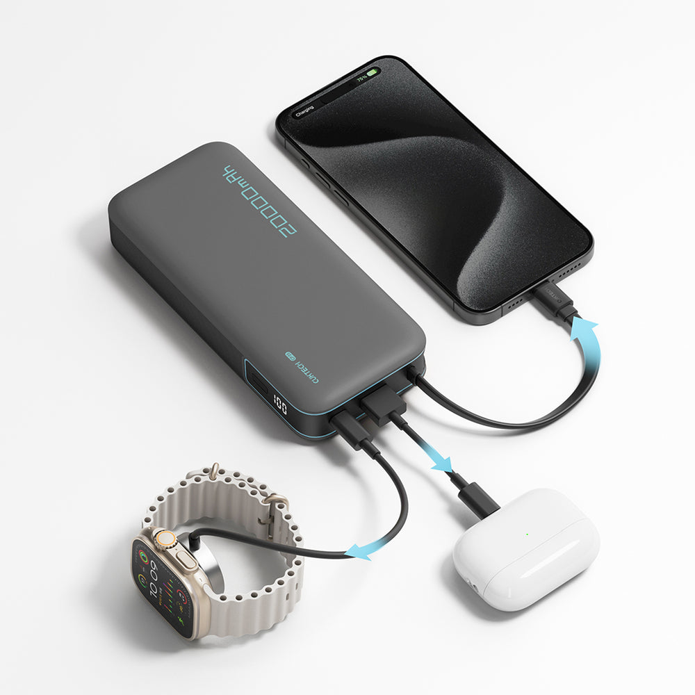 Cuktech CUKP200NGLDG 55W 20000mAh Powerbank med indbygget USB-C-kabel - Grå
