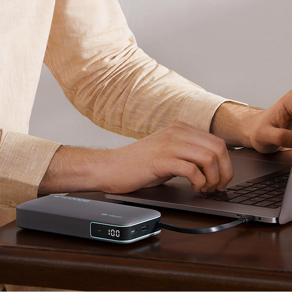Cuktech CUKP200NGLDG 55W 20000mAh Powerbank med indbygget USB-C-kabel - Grå