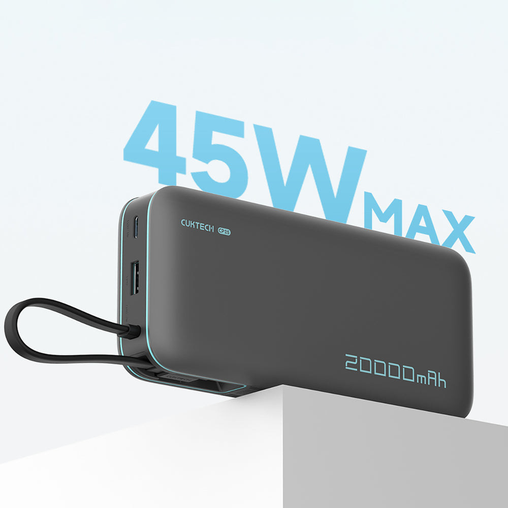 Cuktech CUKP200NGLDG 55W 20000mAh Powerbank med indbygget USB-C-kabel - Grå