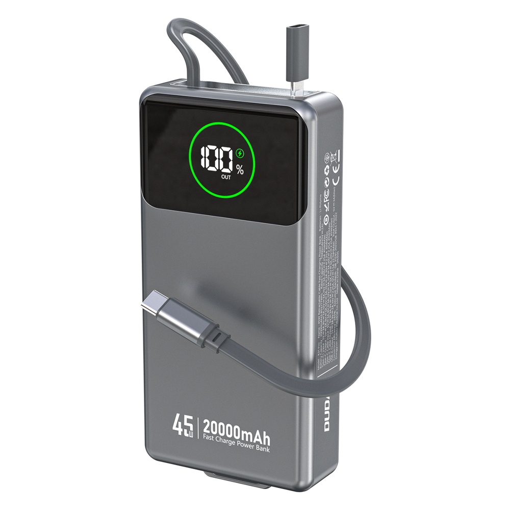 Dudao K31 Pro 45W 20000mAh Power Bank med indbygget indtrækbart USB-C-kabel - Grå