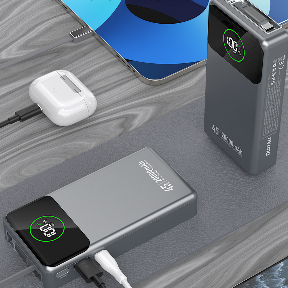 Dudao K31 Pro 45W 20000mAh Power Bank med indbygget indtrækbart USB-C-kabel - Grå