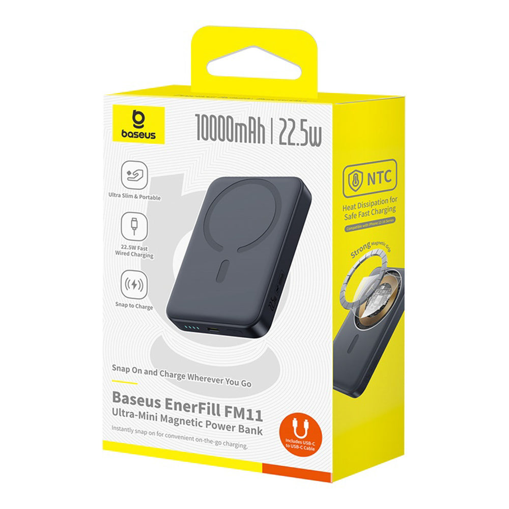 Baseus EnerFill FM11 Ultra-Mini 10000mAh 22.5W MagSafe Compatible Power Bank with Baseus Simple USB-C 20V/3A 30cm Cable - Black