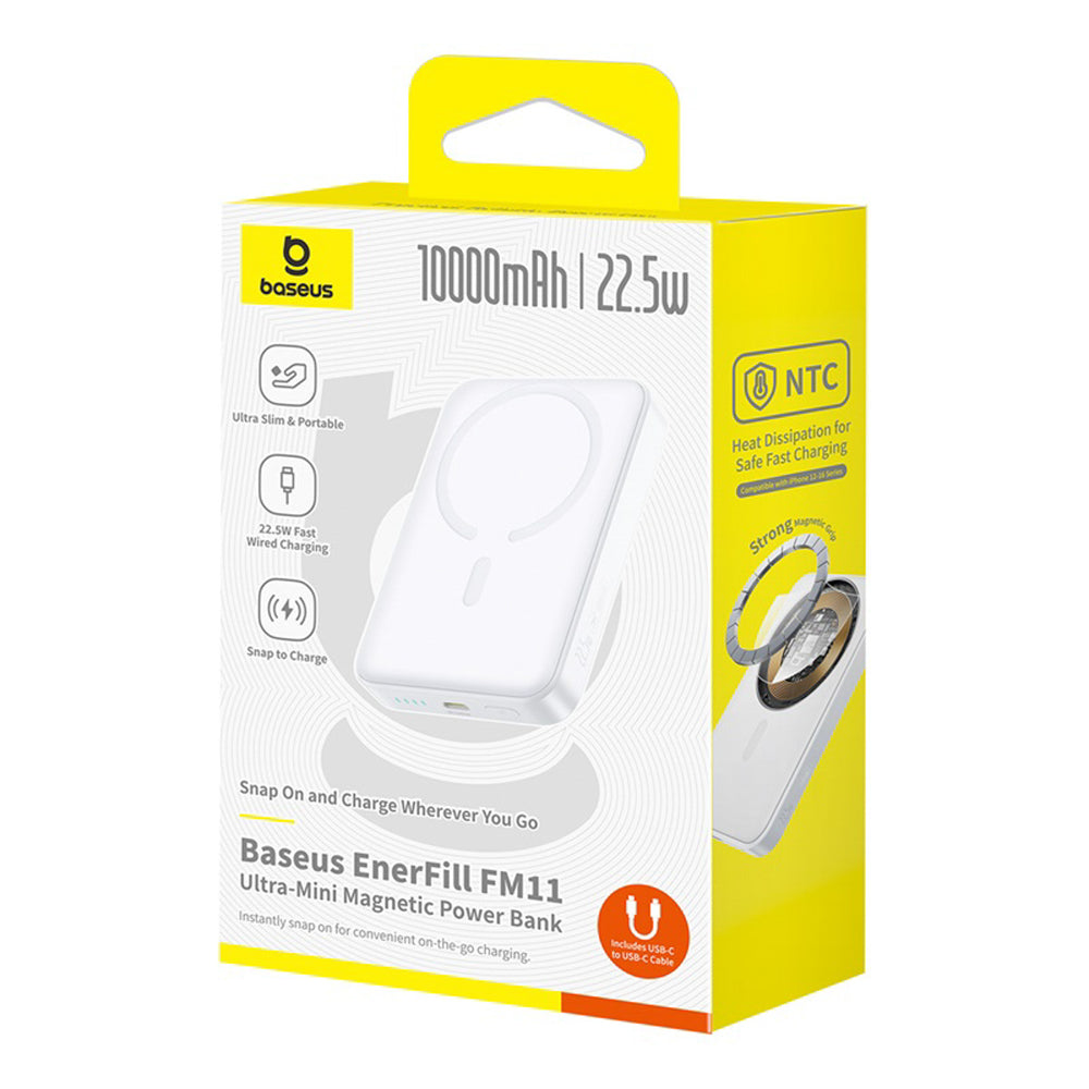 Baseus EnerFill FM11 Ultra-Mini 10000mAh 22.5W MagSafe Compatible Power Bank with Baseus Simple USB-C 20V/3A 30cm Cable - White