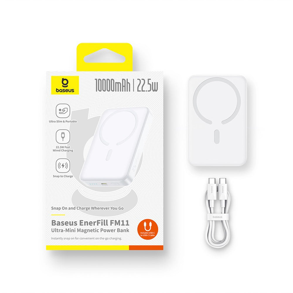 Baseus EnerFill FM11 Ultra-Mini 10000mAh 22.5W MagSafe Compatible Power Bank with Baseus Simple USB-C 20V/3A 30cm Cable - White