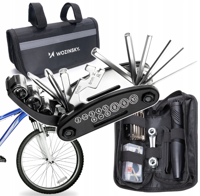 Wozinsky WMZ-01N værktøjssæt, 16-i-1 cykel multitool, pumpe, skiftnøgler, indre rør kit - sort