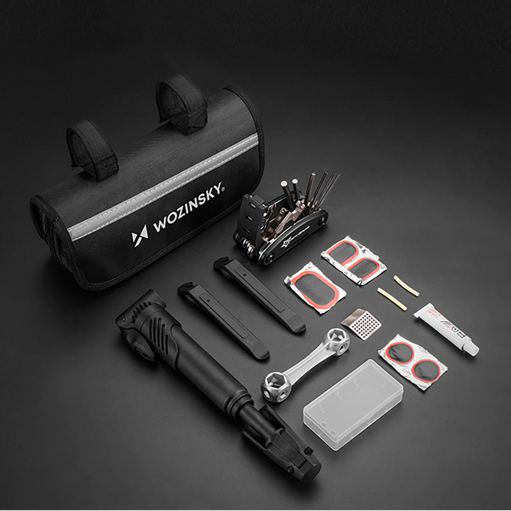Wozinsky WMZ-01N værktøjssæt, 16-i-1 cykel multitool, pumpe, skiftnøgler, indre rør kit - sort