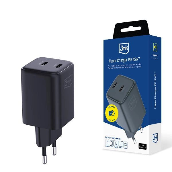 3mk Hyper Charger PD 45W QC4+ PPS 2C Super-Fast Charge 2.0 Wall Charger - sort