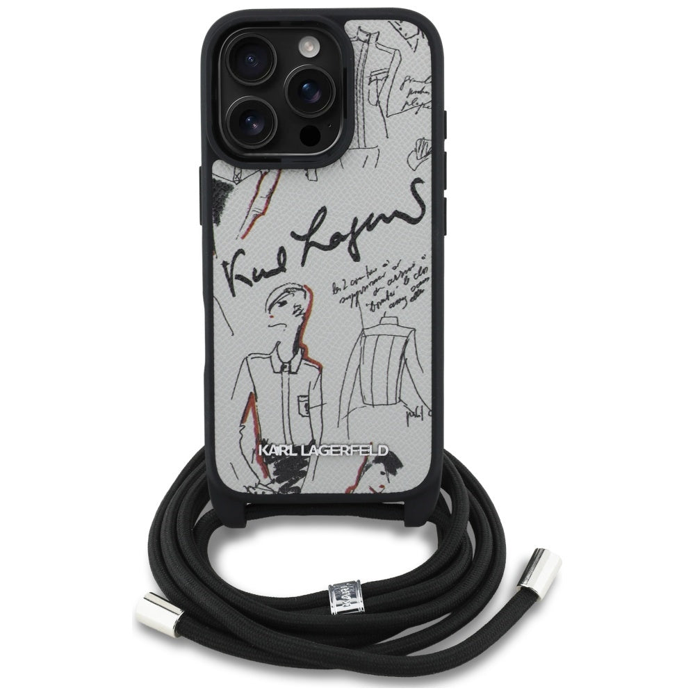 Karl Lagerfeld Crossbody Grained Pattern & Logo Case for iPhone 16 Pro Max - Gray