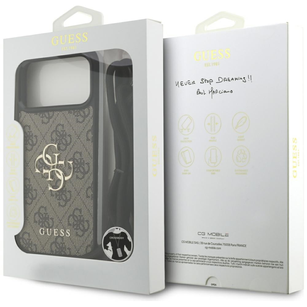 Guess 4G Big Logo Cord Stap Crossbody Case til iPhone 17 Pro Max - Brunt