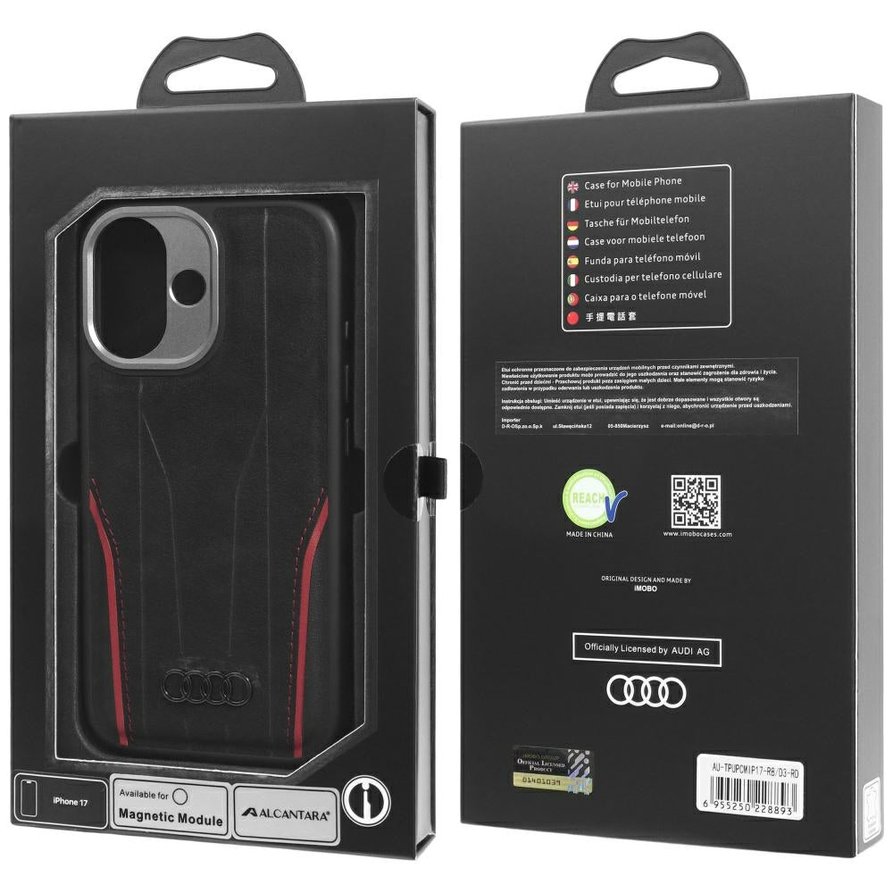 Audi R8 ægte læder MagSafe Case til iPhone 17 - sort og rød