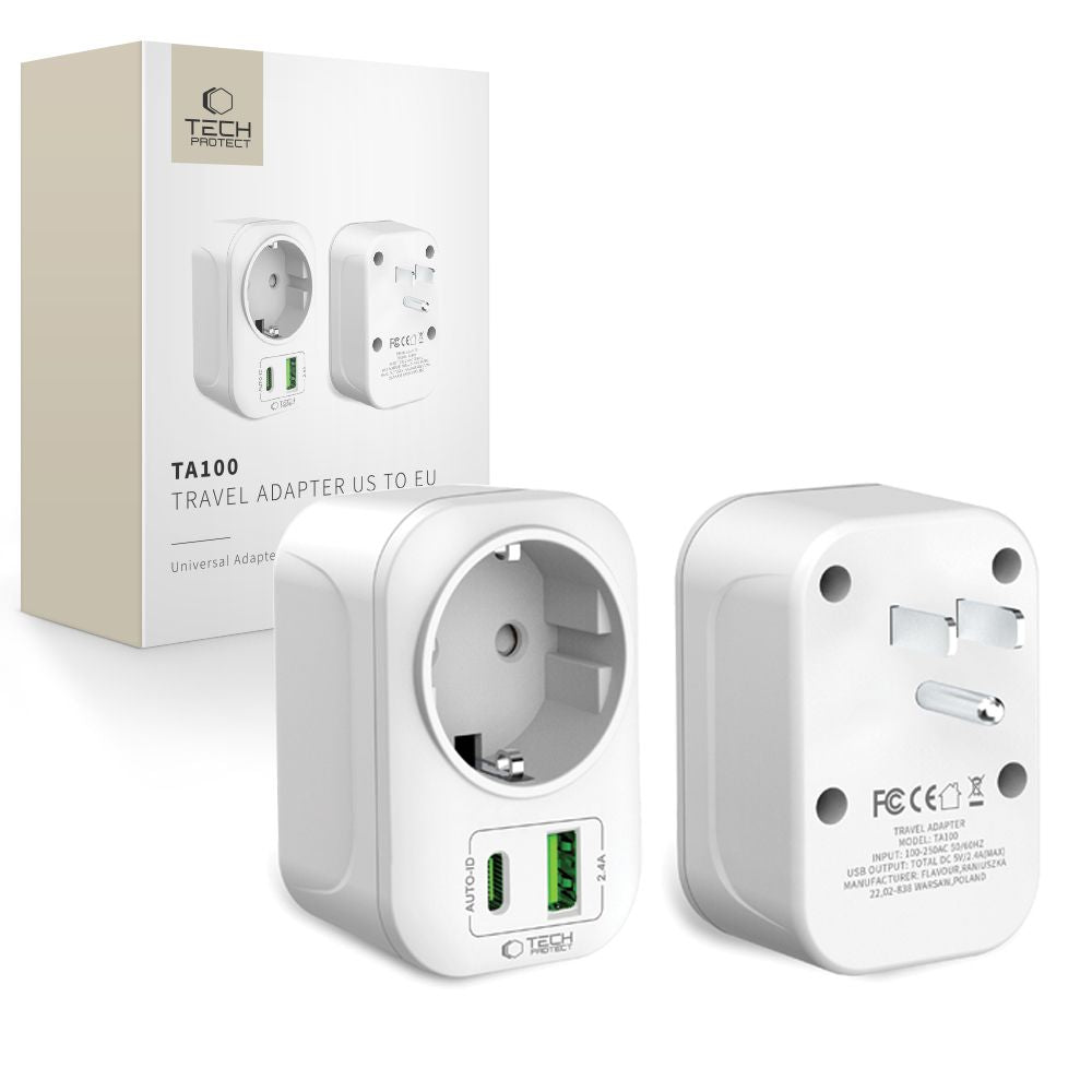 Tech Protect Ta100 Rejseadapter Usa Til Eu Hvid