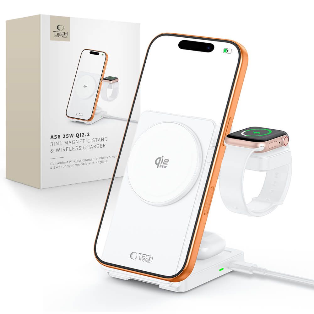 Tech Protect A56 3 I 1 Magnetisk Magsafe Trådløs Oplader 25 W Qi2.2 Hvid