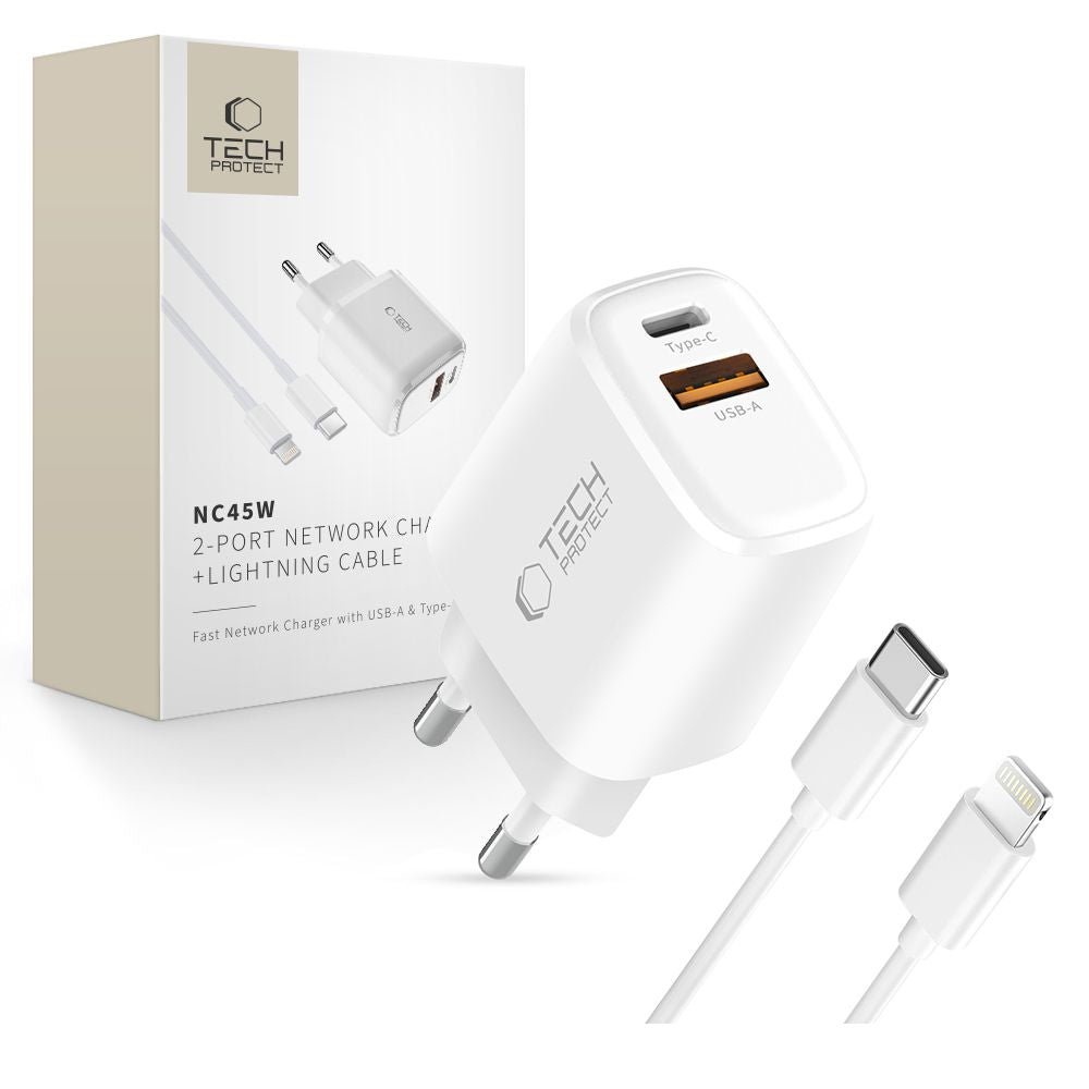 Tech Protect Nca45 W Gan 2 Port Netværksopladder Pd 45 W / Qc3.0 + Lightning Kabel Hvid