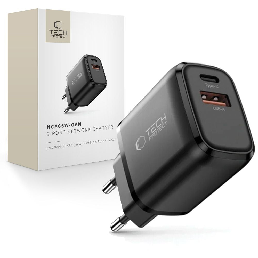 Tech Protect Nca65 W Gan 2 Port Netværksopladder Pd 65 W / Qc3.0 Sort