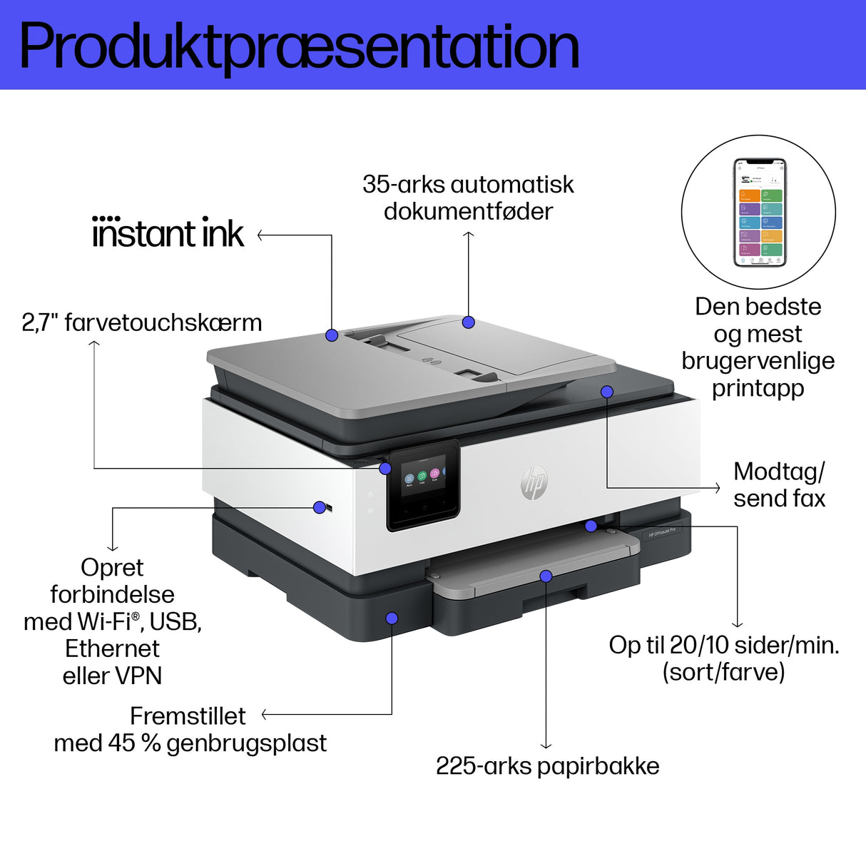 HP OfficeJet Pro 8132e Trådløst All-in-One Farve Printer, Instant Ink; 2-sidet printning