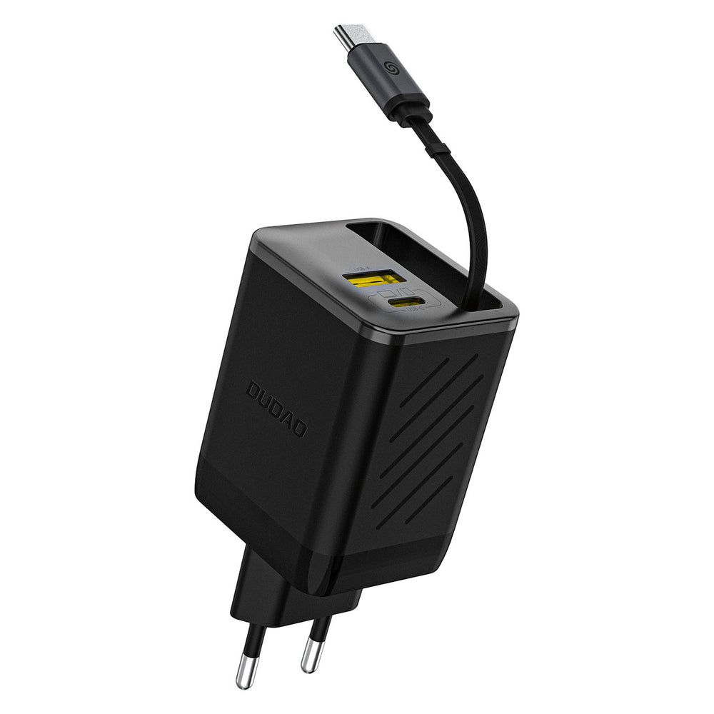 Dudao A67EU GaN 67W Wall Charger med indbygget indtrækbar USB-C Power Delivery Quick Charge Cable - sort