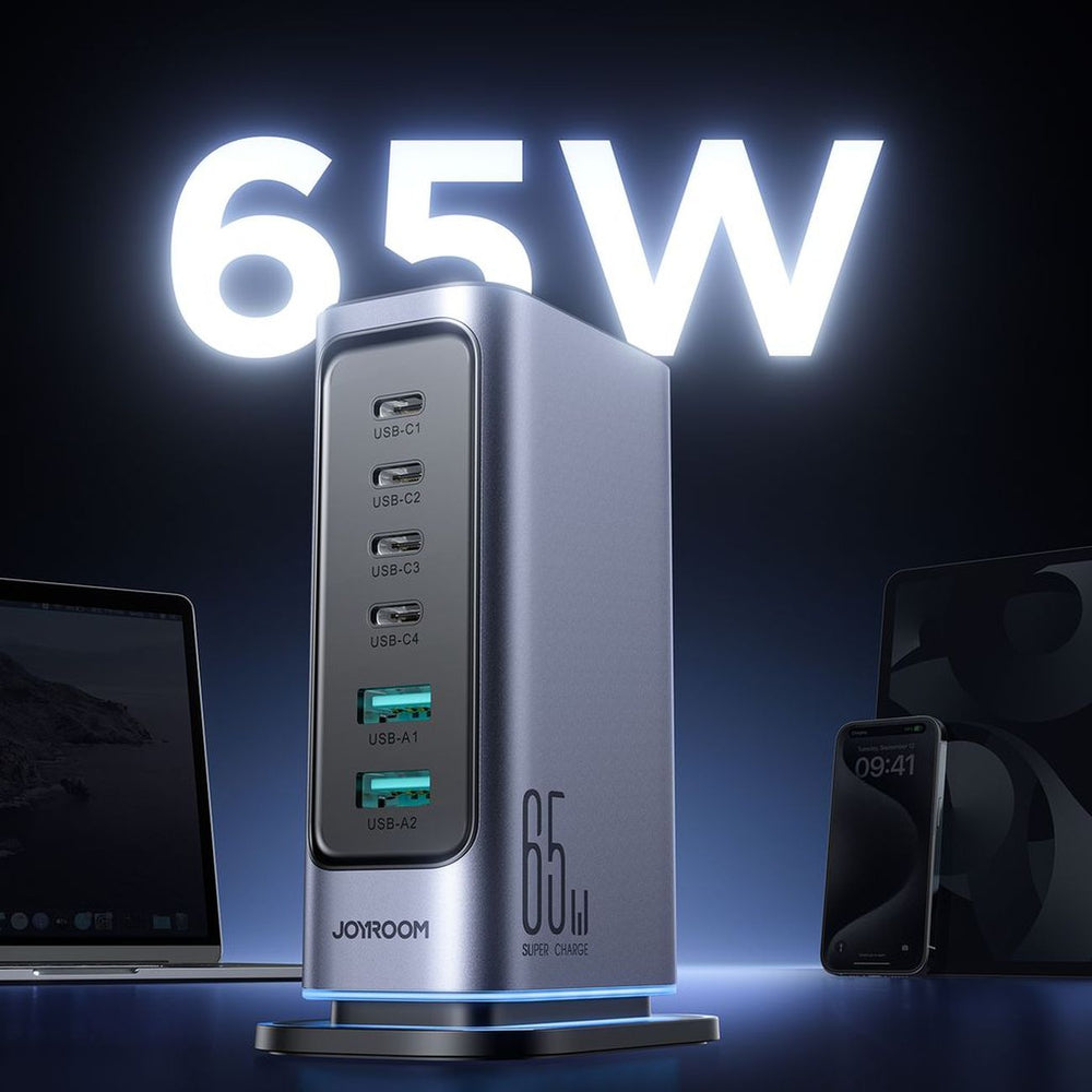 Joyroom JR-TCM02 GaN 65W oplader opladningsstation 4xUSB-C 2xUSB-A UK plug - grå