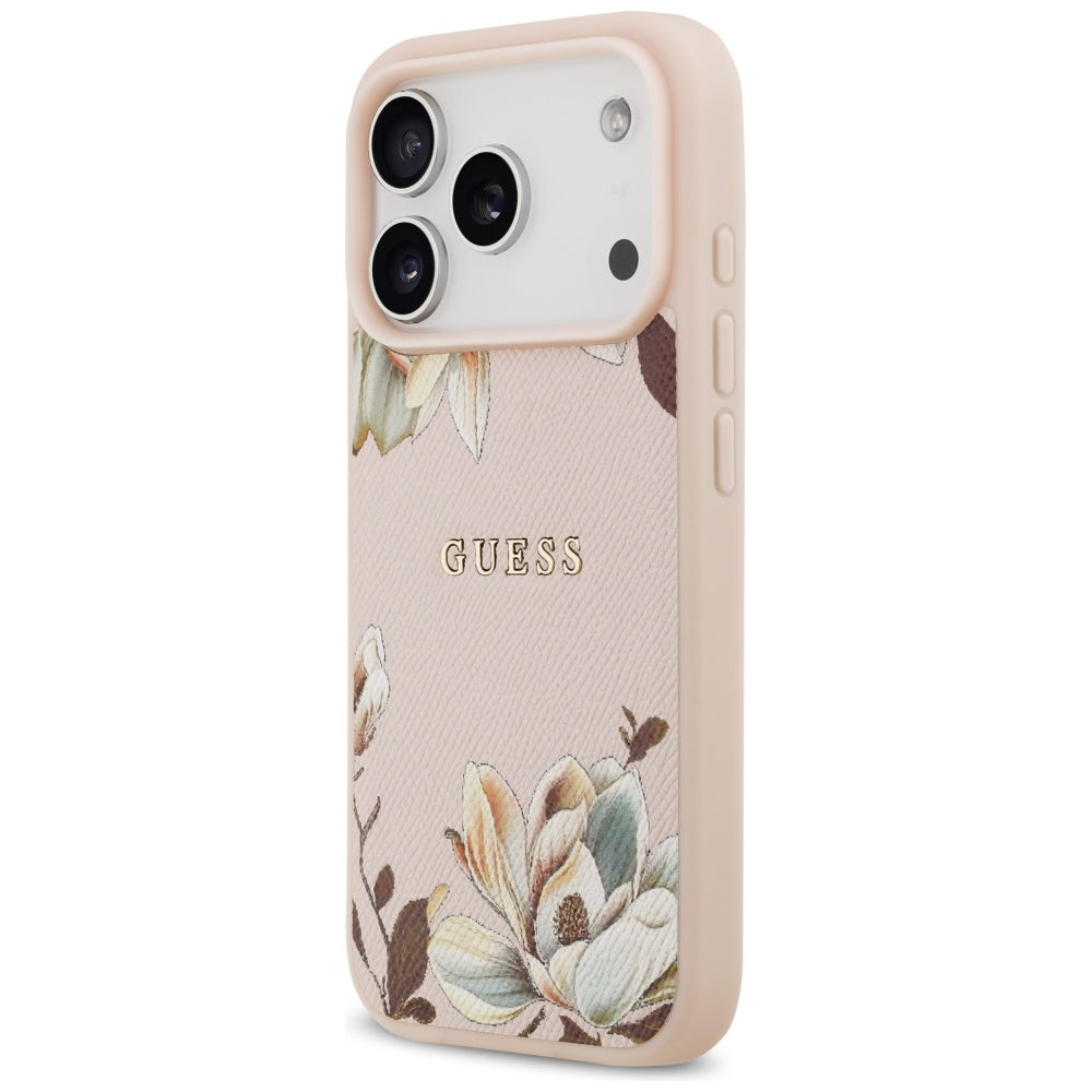 Guess Grained Flowers Classic Logo MagSafe Case til iPhone 17 Pro - Pink