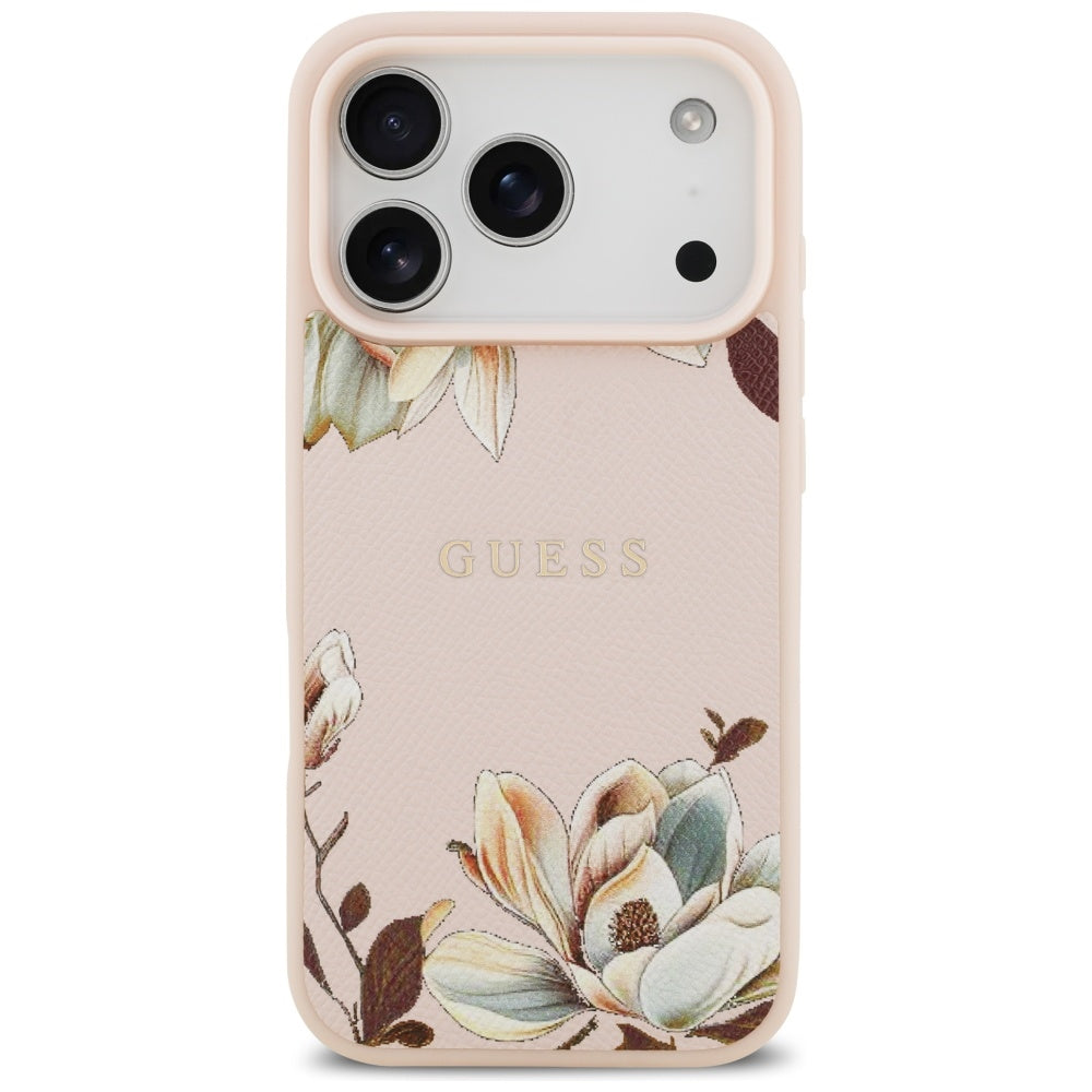 Guess Grained Flowers Classic Logo MagSafe Case til iPhone 17 Pro - Pink
