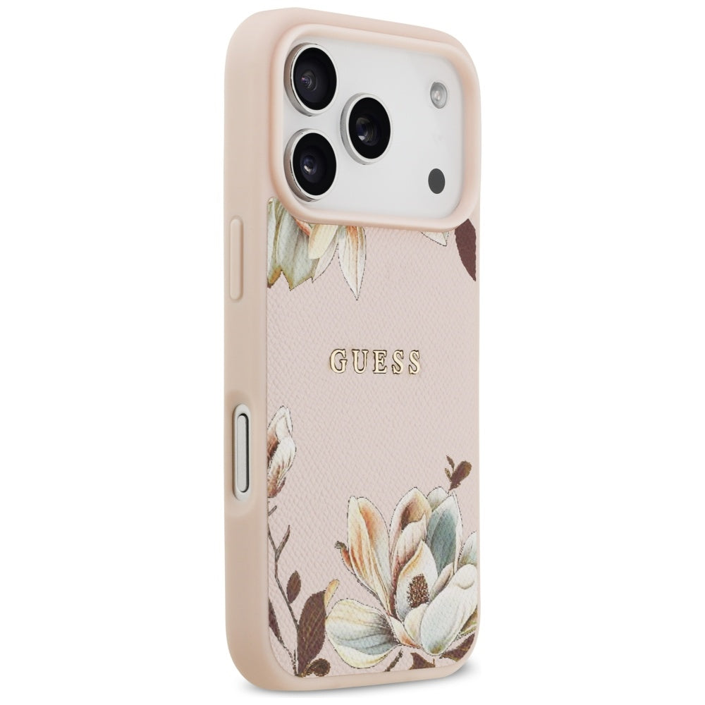 Guess Grained Flowers Classic Logo MagSafe Case til iPhone 17 Pro - Pink