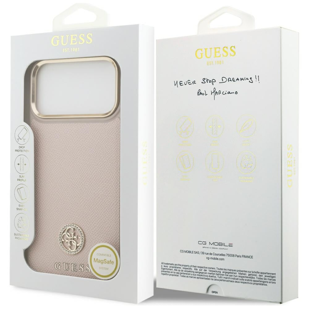 Guess Grained Strass Logo MagSafe-fodral til iPhone 17 Pro Max - lyserød