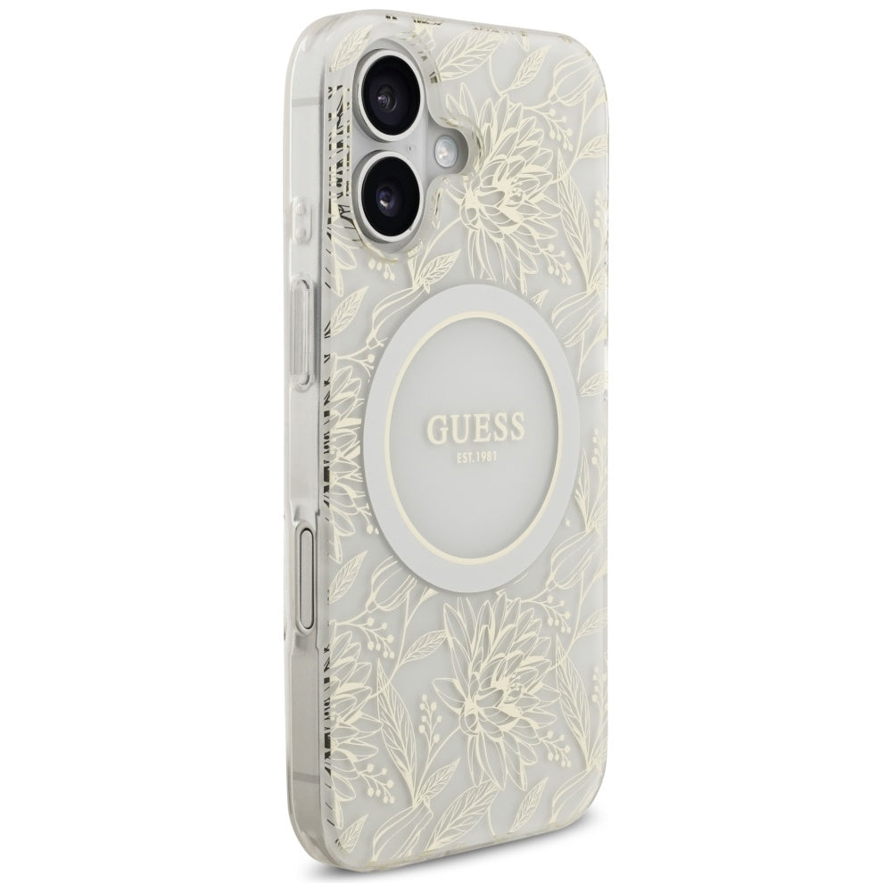 Guess IML Flowers Electro Pearl Strap MagSafe case for iPhone 17 - white
