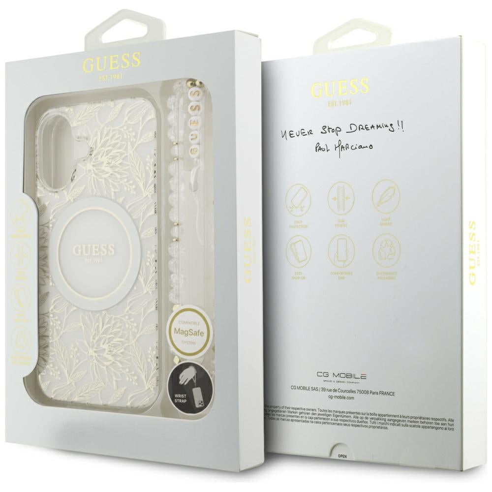 Guess IML Flowers Electro Pearl Strap MagSafe case for iPhone 17 - white