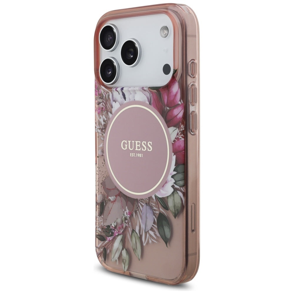 Guess IML Flowers Pearl Strap MagSafe Case til iPhone 17 Pro - Pink