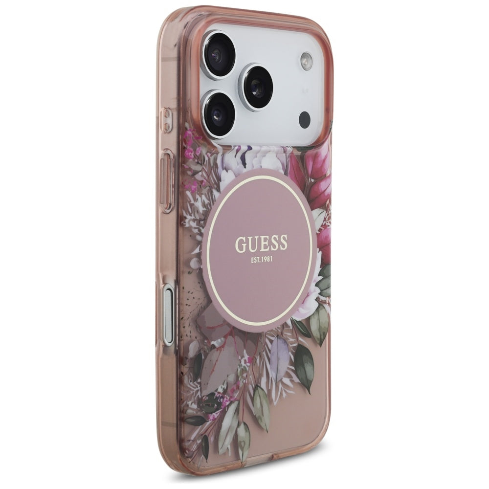 Guess IML Flowers Pearl Strap MagSafe Case til iPhone 17 Pro - Pink