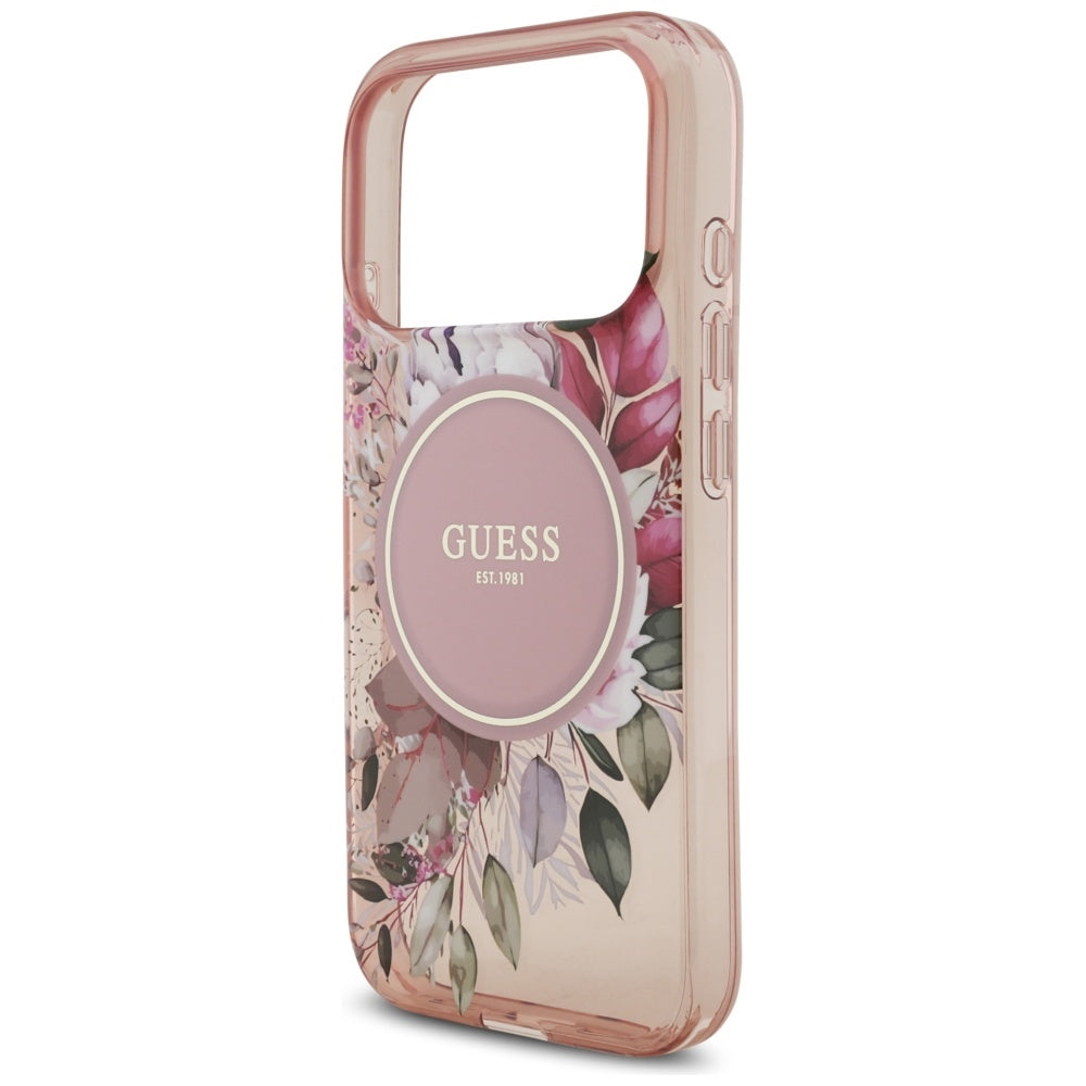 Guess IML Flowers Pearl Strap MagSafe Case til iPhone 17 Pro - Pink