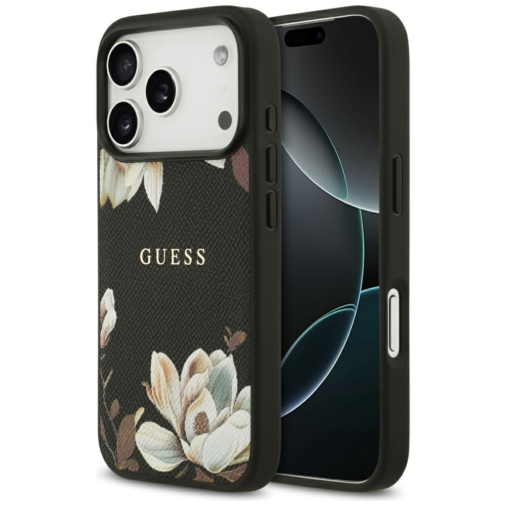 Guess Grained Flowers Classic Logo MagSafe-foder for iPhone 17 Pro - sort