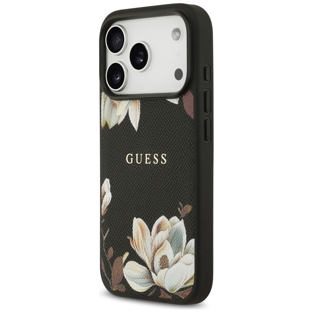 Guess Grained Flowers Classic Logo MagSafe-foder for iPhone 17 Pro - sort