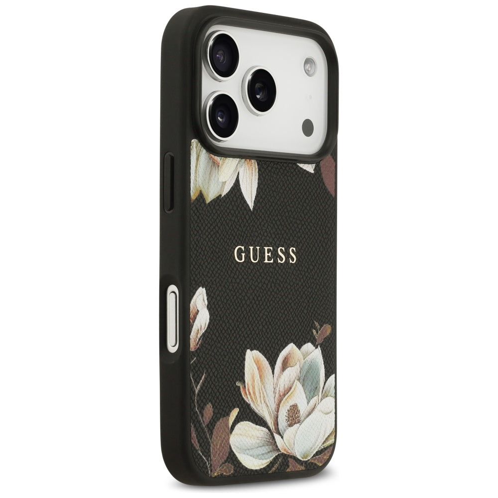 Guess Grained Flowers Classic Logo MagSafe-foder for iPhone 17 Pro - sort