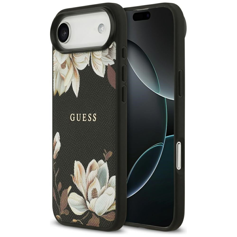 Guess Grained Flowers Classic Logo MagSafe-kasse til iPhone Air - sort