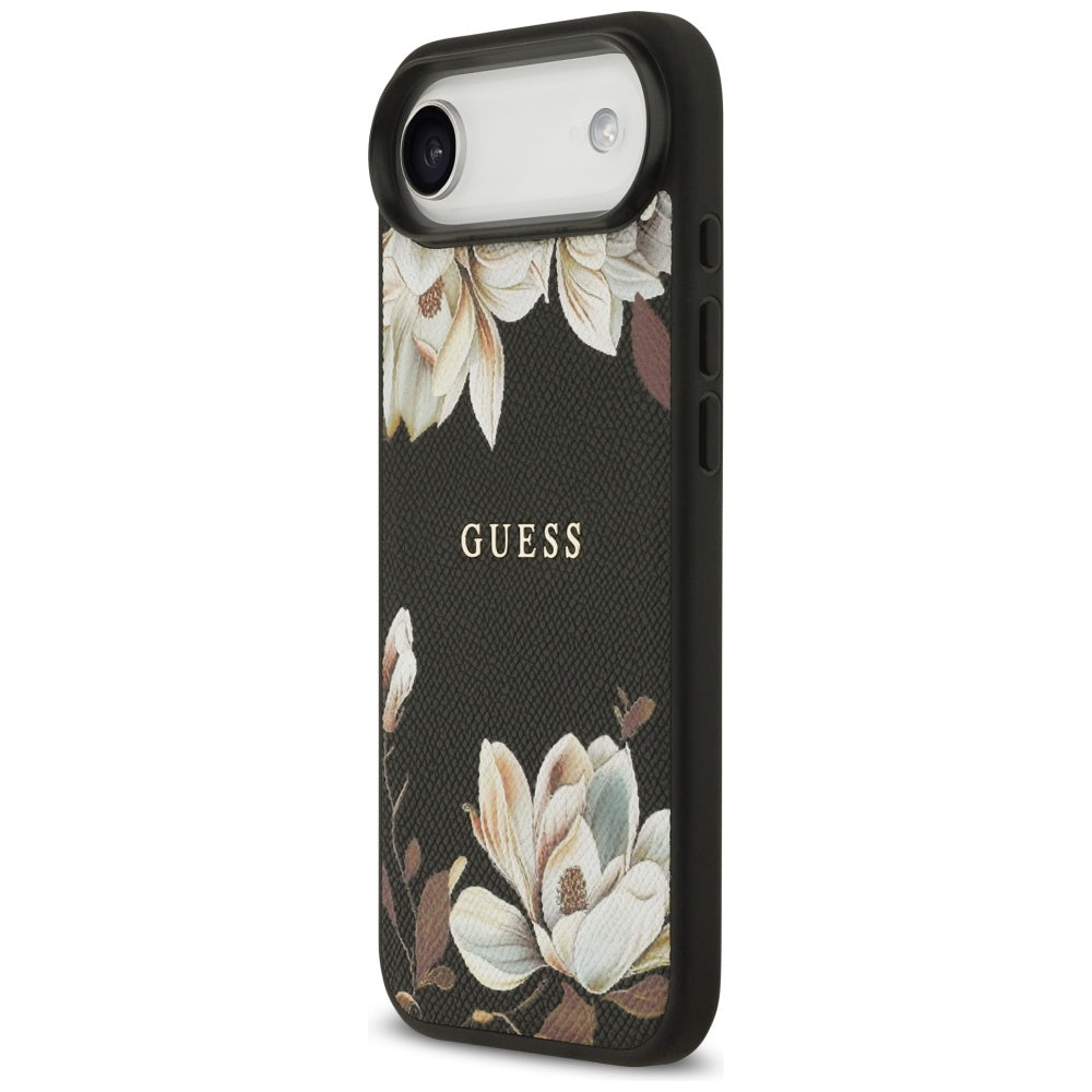 Guess Grained Flowers Classic Logo MagSafe-kasse til iPhone Air - sort