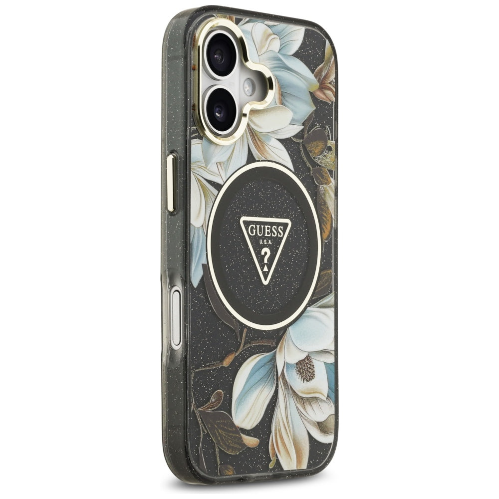 Guess IML Glitter Flowers Triangle MagSafe-hylster til iPhone 17 - sort