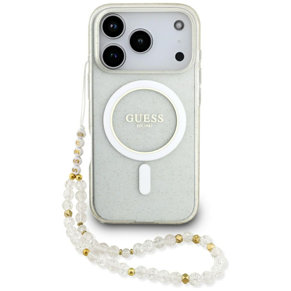 Guess IML Glitter Pearl Strap MagSafe Case til iPhone 17 Pro Max - Gennemsigtig