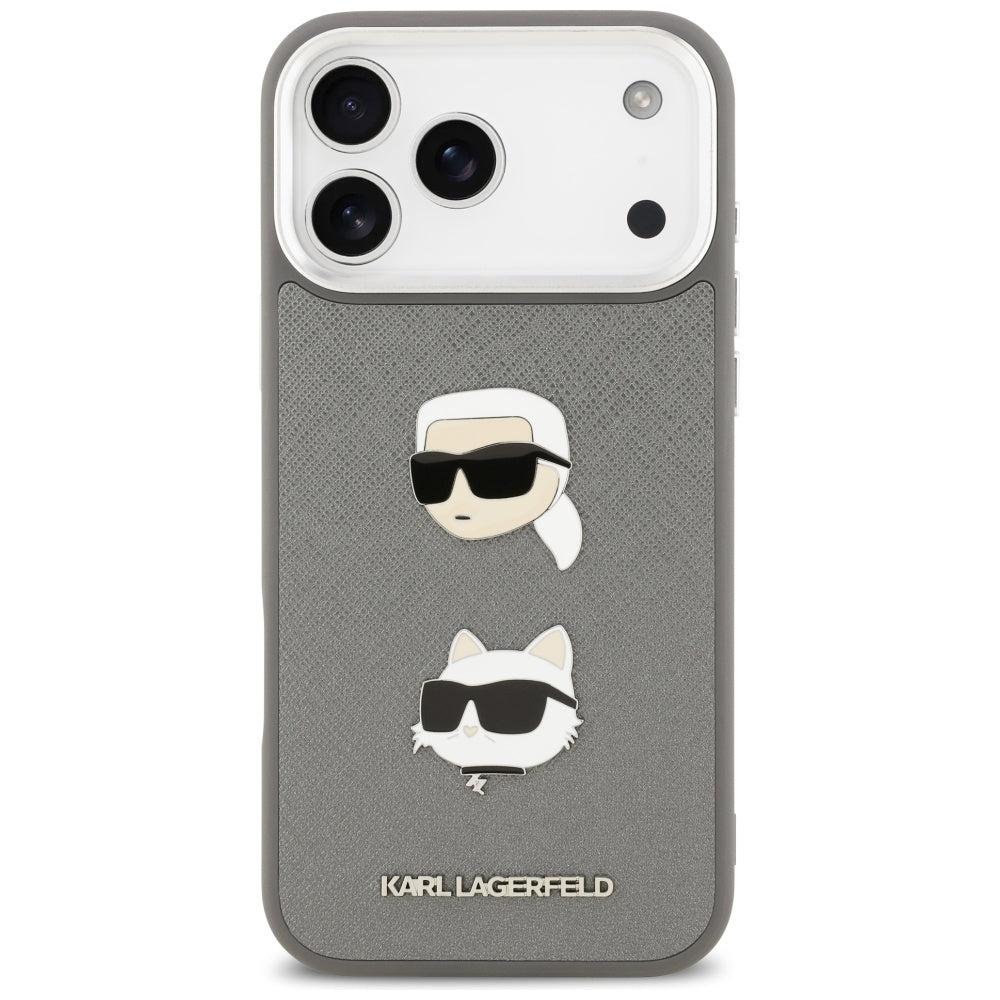 Karl Lagerfeld FW Grained Karl & Choupette Heads Pins & Logo iPhone 17 Pro Max Case - Grå