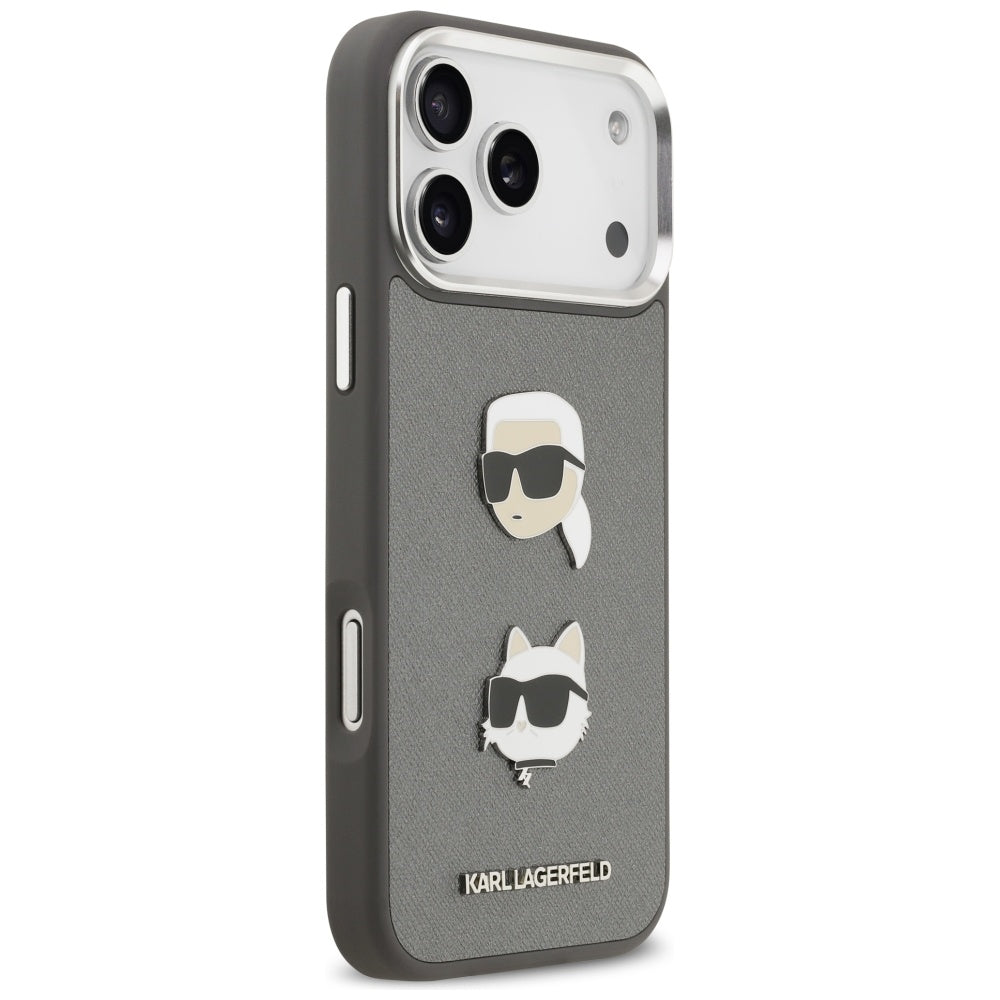 Karl Lagerfeld FW Grained Karl & Choupette Heads Pins & Logo iPhone 17 Pro Max Case - Grå