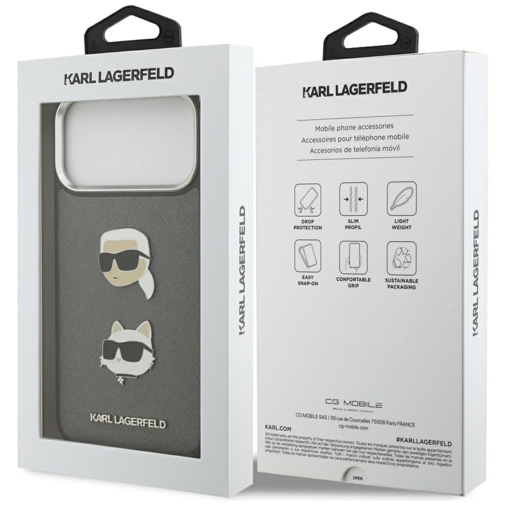 Karl Lagerfeld FW Grained Karl & Choupette Heads Pins & Logo iPhone 17 Pro Max Case - Grå