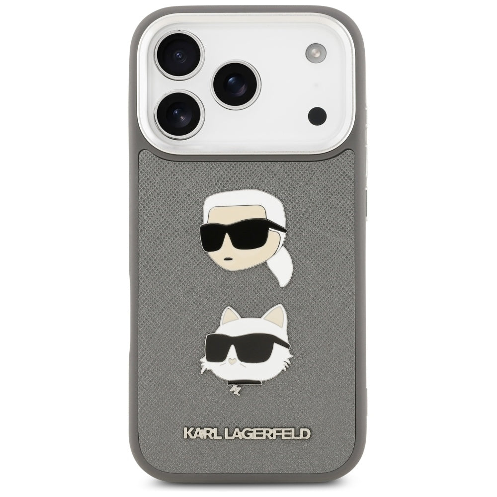 Karl Lagerfeld FW Grained Karl & Choupette Heads Pins & Logo iPhone 17 Pro Case - Grå