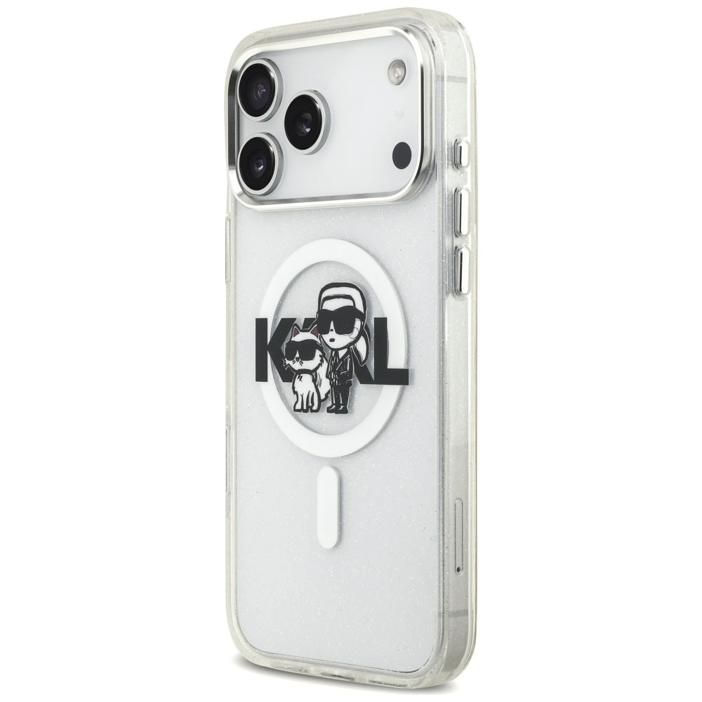 Karl Lagerfeld IML Glitter Karl & Choupette Sketch Logo MagSafe Case til iPhone 17 Pro Max - Clear