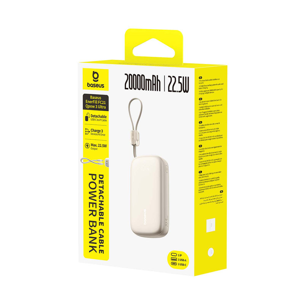 Baseus EnerFill FC21 Qpow 3 Ultra 20000mAh 22.5W Powerbank med display og kabel med - beige