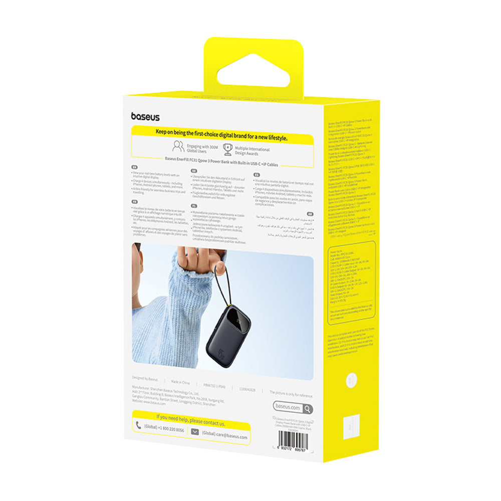 Baseus EnerFill FC31 20000mAh 45W Power Bank med display med USB-C og Lightning Kabler - sort