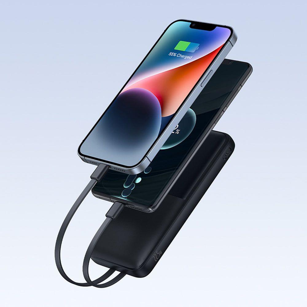 Baseus Lipow 10000mAh 22.5W Powerbank with Dual Built-in Cable with Display (with additional black Baseus Simple USB-A - USB-C 3A 0.2m cable) - Black