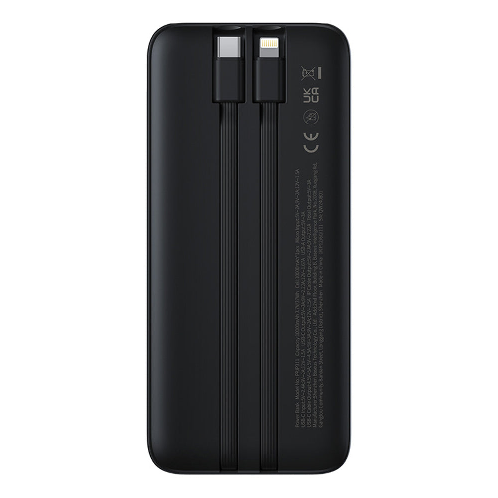 Baseus Lipow 10000mAh 22.5W Powerbank med dobbelt indbygget kabel med display (med ekstra sort Baseus Simple USB-A - USB-C 3A 0.2m kabel) - sort